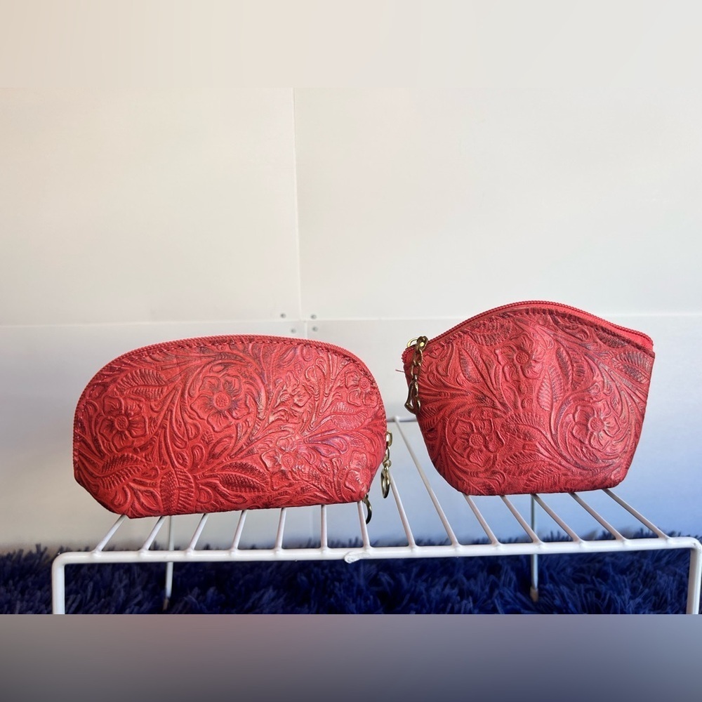 COSMETIC BAG & COIN Bag, LEATHER Cosmetic Pouch, Hand tooled, Artesanal (B) - Picture 8 of 9